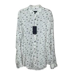 Zara White Casual Button Down Shirt with Black Print